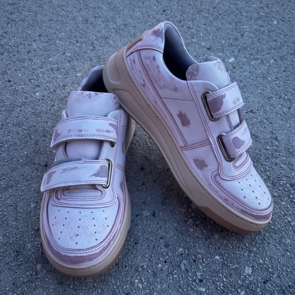Acne Studios Steffey Distressed Pink Leather Face Logo Strap Sneakers EU 37